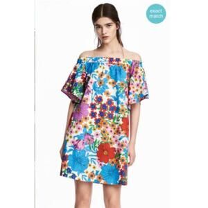 H&M Retro Floral Psychedelic Off Shoulder Mod Mini Dress Size 4 Rainbow Botanic